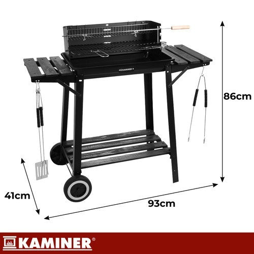 Holzkohlegrill Grillwagen mit Drehspieß Garten BBQ mit Ablage