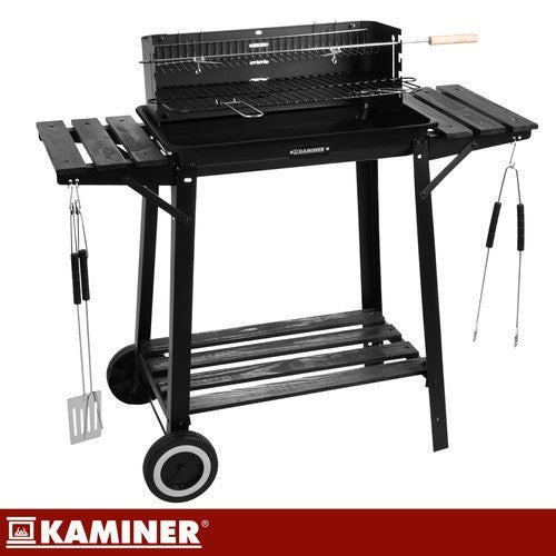 Holzkohlegrill Grillwagen mit Drehspieß Garten BBQ mit Ablage
