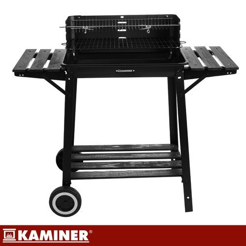 Holzkohlegrill Grillwagen mit Drehspieß Garten BBQ mit Ablage