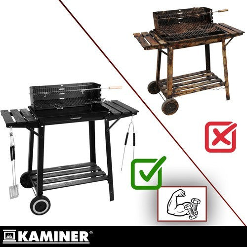 Holzkohlegrill Grillwagen mit Drehspieß Garten BBQ mit Ablage
