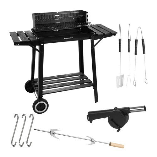 Holzkohlegrill Grillwagen mit Drehspieß Garten BBQ mit Ablage