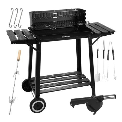 Holzkohlegrill Grillwagen mit Drehspieß Garten BBQ mit Ablage