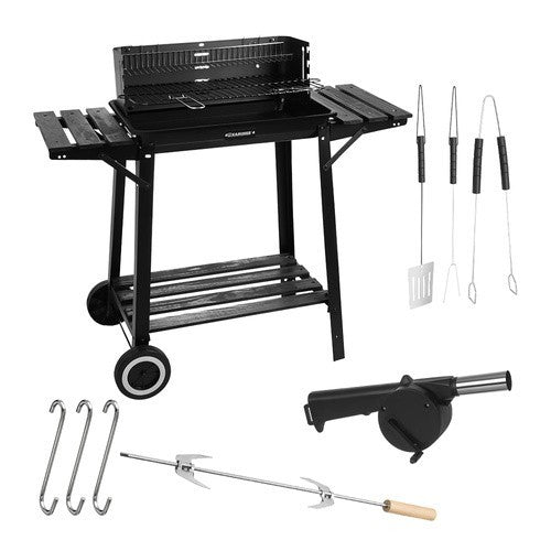 Holzkohlegrill Grillwagen mit Drehspieß Garten BBQ mit Ablage