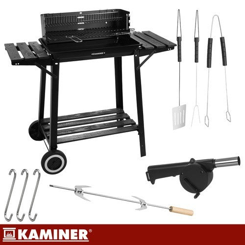 Holzkohlegrill Grillwagen mit Drehspieß Garten BBQ mit Ablage