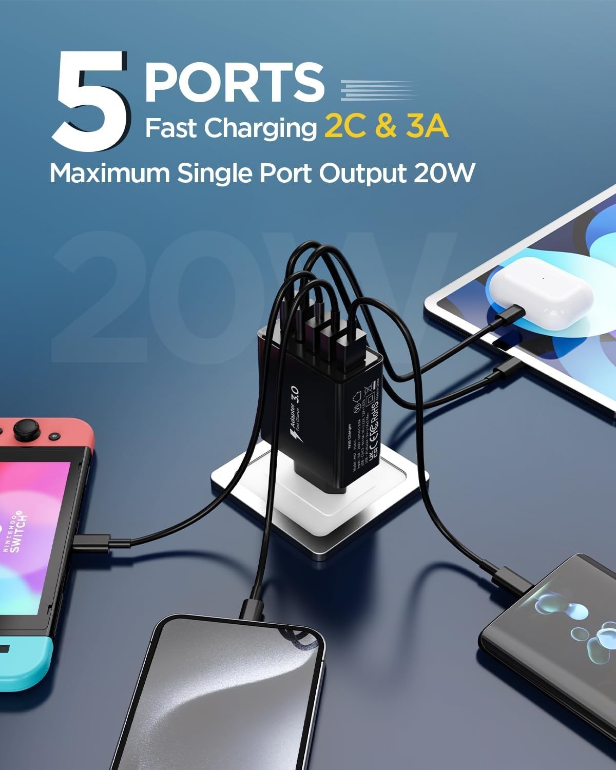 50W 5-Port USB Ladegerät Schnellladegerät USB-C USB-A Netzteil Universal Adapter