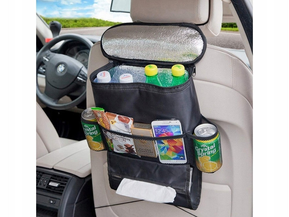 Auto Rückenlehnen Organizer mit Thermotasche – Multifunktionale Rücksitz Aufbewahrungstasche mit Kühltasche, Getränkehalter und Stauraum für Auto Reisen