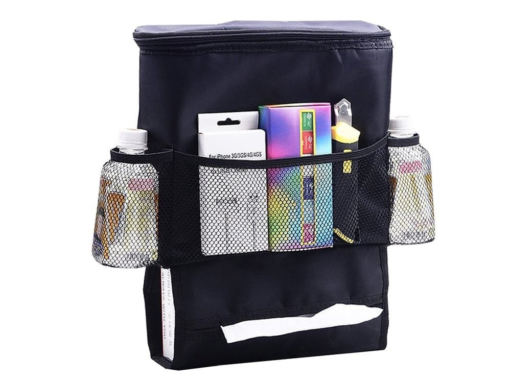 Auto Rückenlehnen Organizer mit Thermotasche – Multifunktionale Rücksitz Aufbewahrungstasche mit Kühltasche, Getränkehalter und Stauraum für Auto Reisen