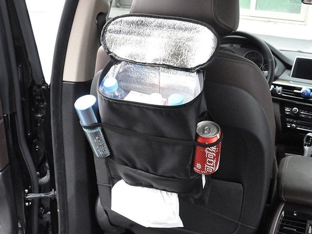 Auto Rückenlehnen Organizer mit Thermotasche – Multifunktionale Rücksitz Aufbewahrungstasche mit Kühltasche, Getränkehalter und Stauraum für Auto Reisen