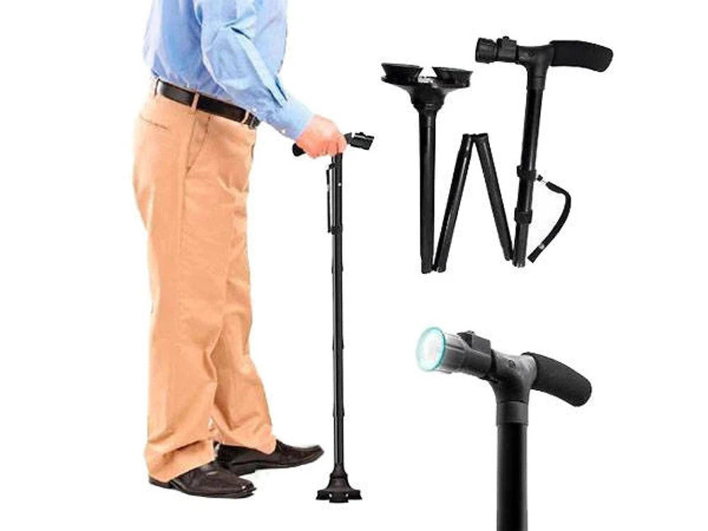 Faltbarer Gehstock LED Spazierstock Gehhilfe 5-fach Verstellbar Schwarz