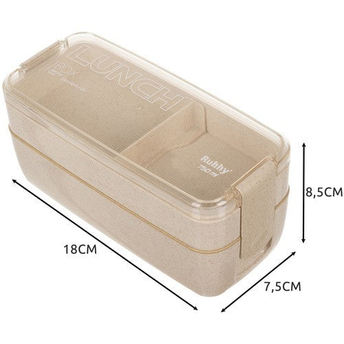 Lunchbox 750ml mit Besteck Brotdose Bento Box 2 Fächer Weizenstroh Beige