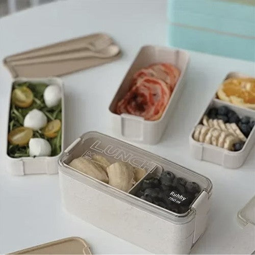 Lunchbox 750ml mit Besteck Brotdose Bento Box 2 Fächer Weizenstroh Beige