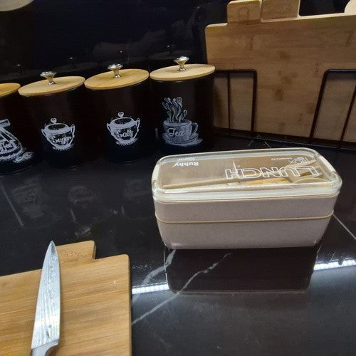Lunchbox 750ml mit Besteck Brotdose Bento Box 2 Fächer Weizenstroh Beige