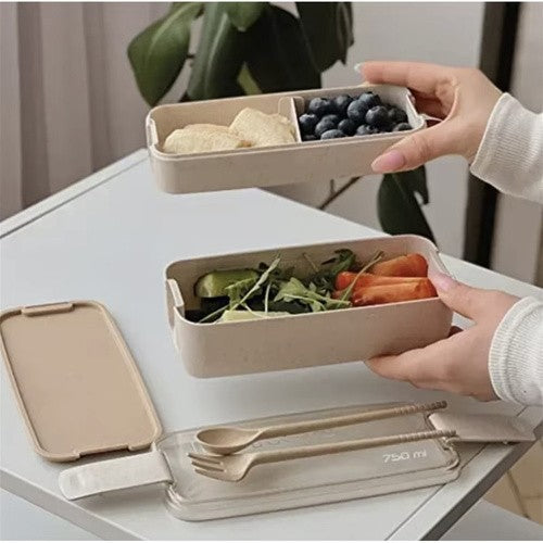 Lunchbox 750ml mit Besteck Brotdose Bento Box 2 Fächer Weizenstroh Beige