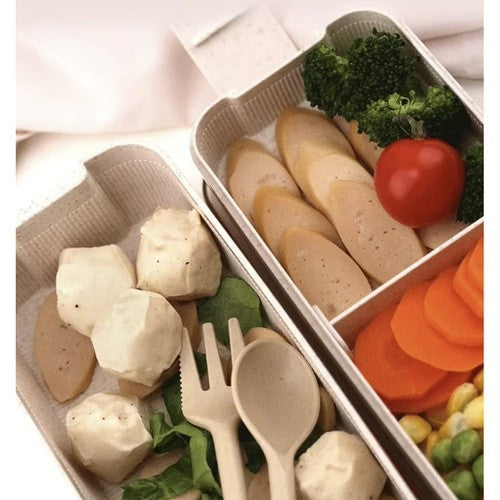 Lunchbox 750ml mit Besteck Brotdose Bento Box 2 Fächer Weizenstroh Beige