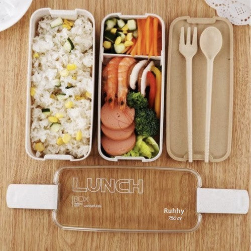 Lunchbox 750ml mit Besteck Brotdose Bento Box 2 Fächer Weizenstroh Beige