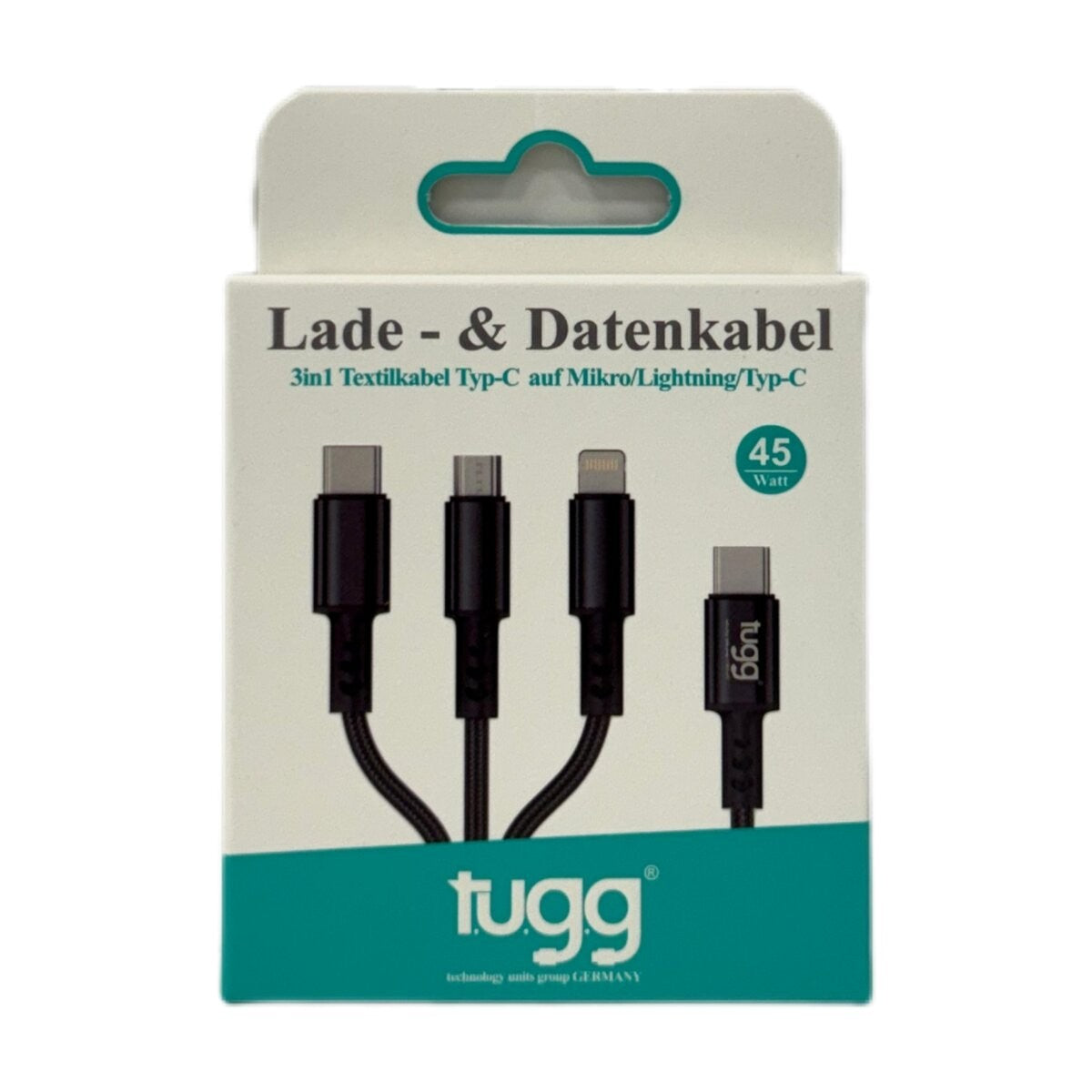 3in1 USB-C Ladekabel 45W 1,2m 8-Pin Micro USB Multi Ladekabel Schwarz