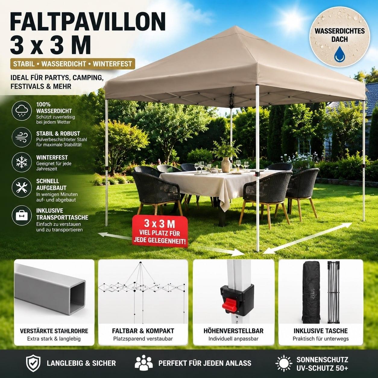 Faltpavillon 3x3m Wasserdicht Partyzelt Pavillon Klappbar Gartenzelt Khaki