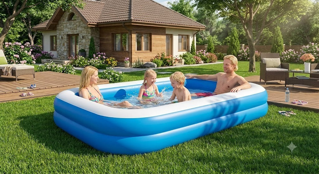 Aufblasbarer Kinderpool 305x183 cm XXL Familienpool rechteckig für Garten mit Reparaturflicken Blau