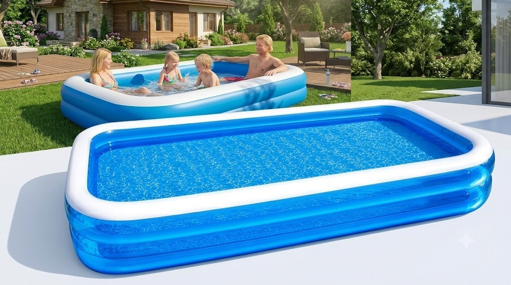 Aufblasbarer Kinderpool 305x183 cm XXL Familienpool rechteckig für Garten mit Reparaturflicken Blau