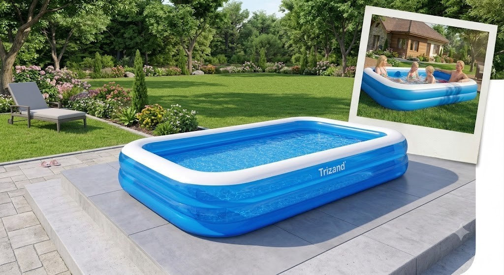 Aufblasbarer Kinderpool 305x183 cm XXL Familienpool rechteckig für Garten mit Reparaturflicken Blau