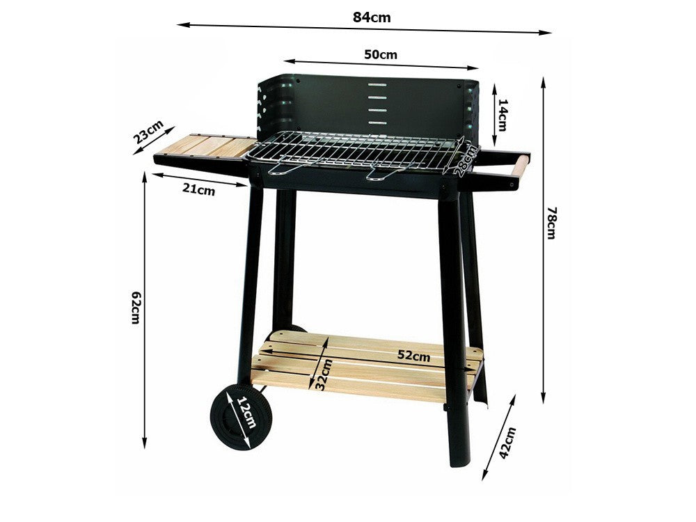 Holzkohlegrill Grillwagen BBQ Grill Höhenverstellbar Ablagen Räder Garten