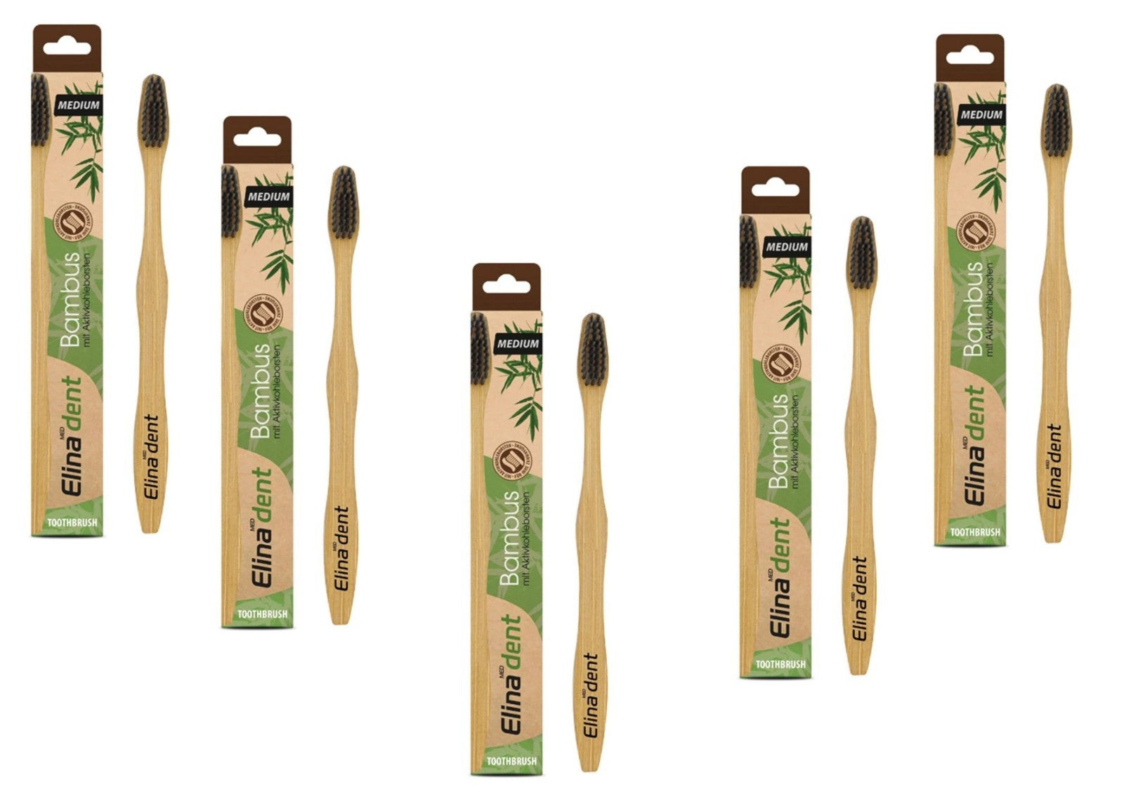 Elina Vegane nachhaltige Bambus Natur Zahnbürste in Faltschachtel medium 3er Set