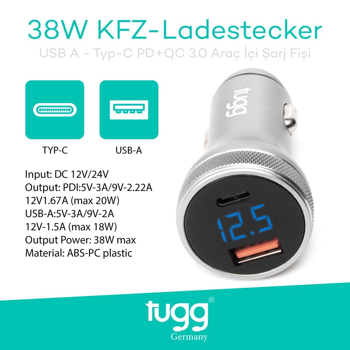 Tugg 38W KFZ Ladegerät USB-C PD 20W USB-A QC3.0 Auto Ladeadapter 12V 24V