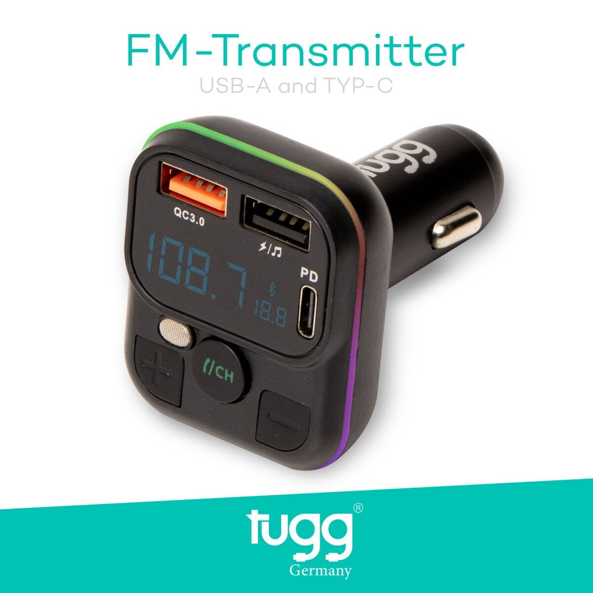 FM Transmitter Bluetooth 5.0 38W USB-C USB-A Auto Radio Adapter Tugg C32