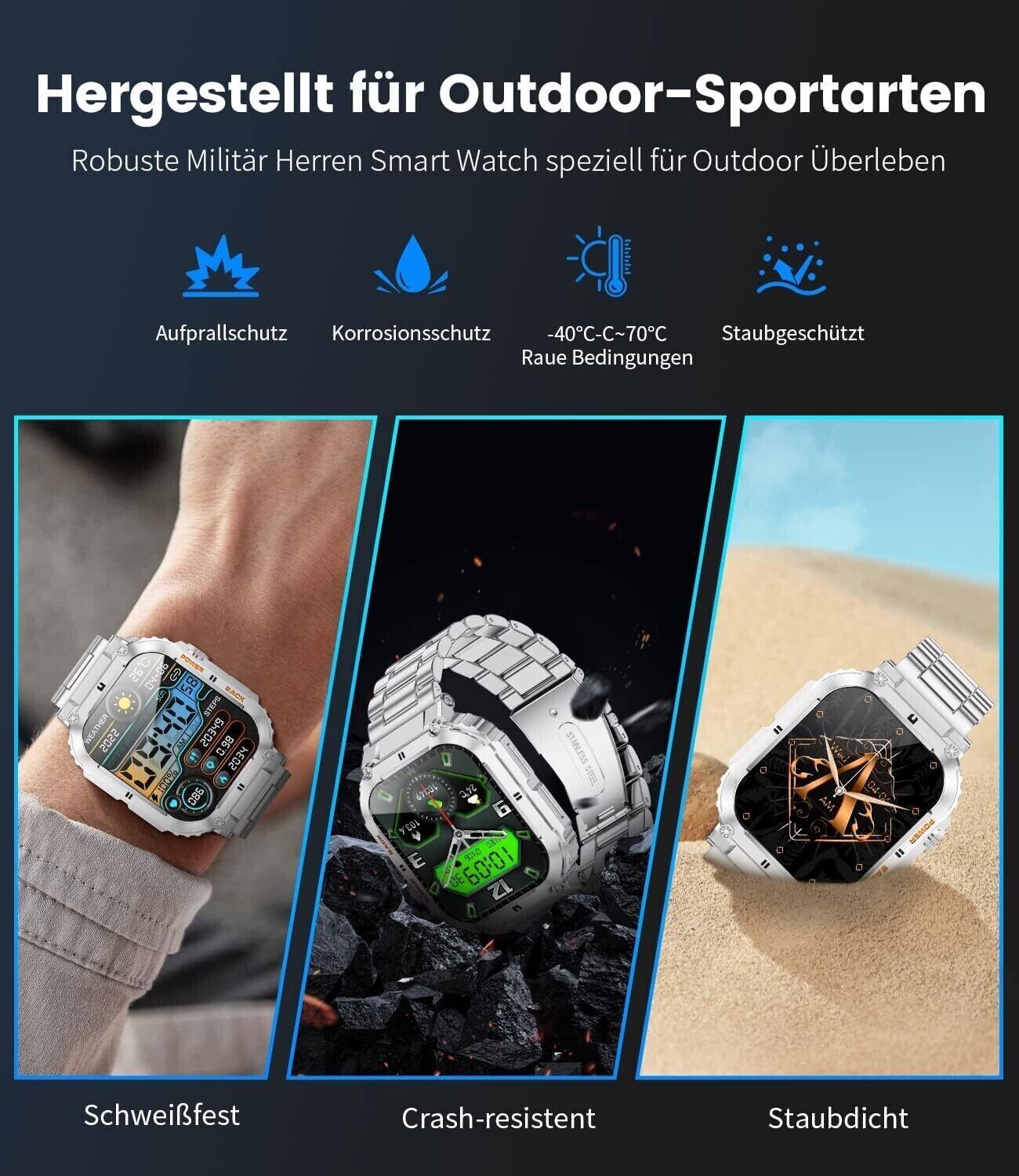 Smartwatch Herren mit Telefonfunktion, 1,96'' HD Touchscreen, 5ATM Wasserdicht