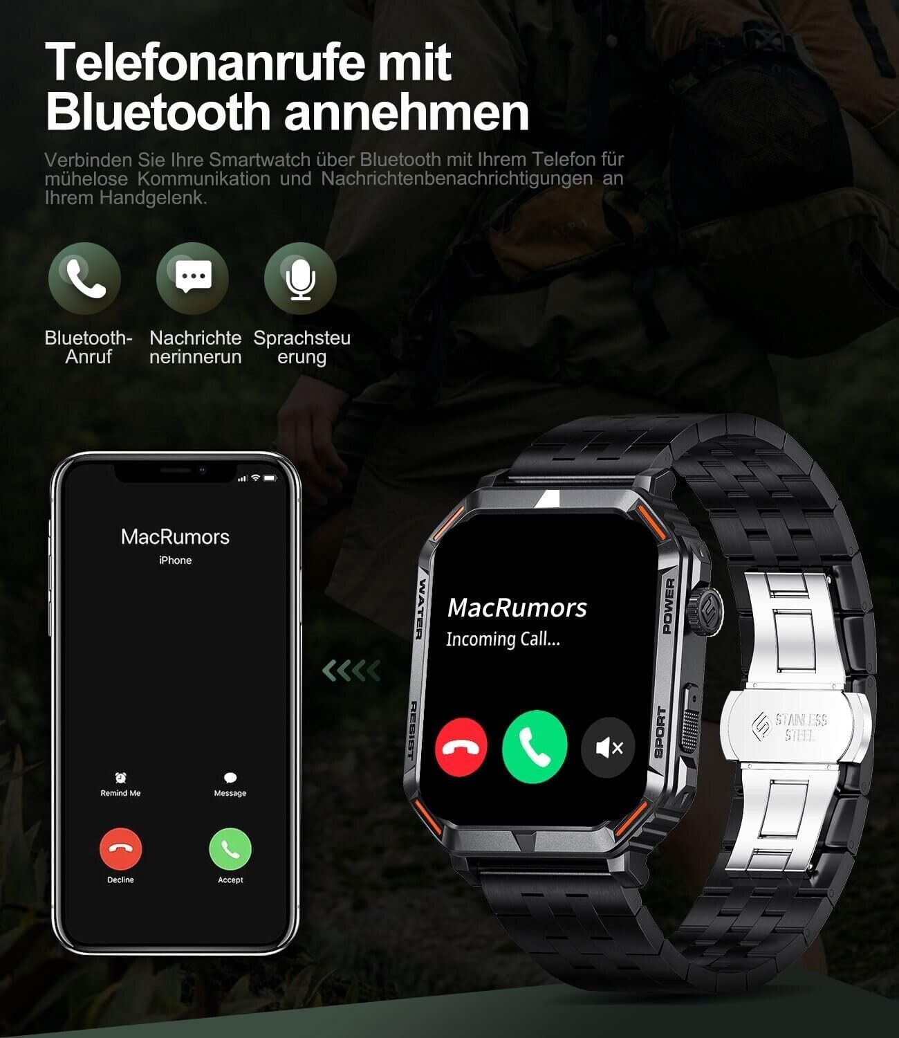 Smartwatch Herren mit Telefonfunktion,1.96'' DIY HD Outdoor Militär Fitnessuhr