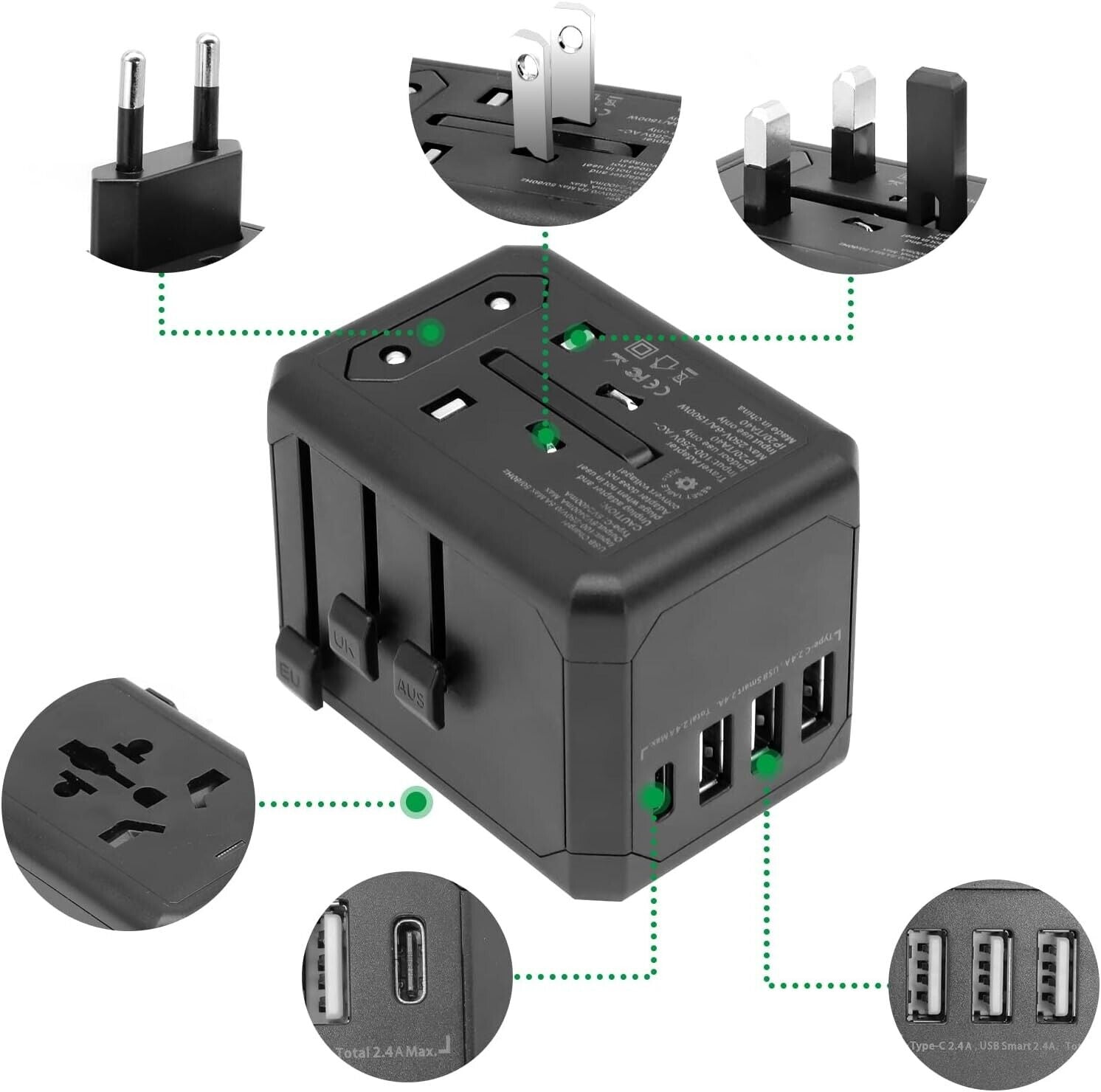 Universal Reiseadapter Weltweit 3USB A+1 Type-C Anschlüsse für 224+ Ländern Universal Reiseadapter für 150 Länder Welt Netzadapter Steckdose Weltweit Reise