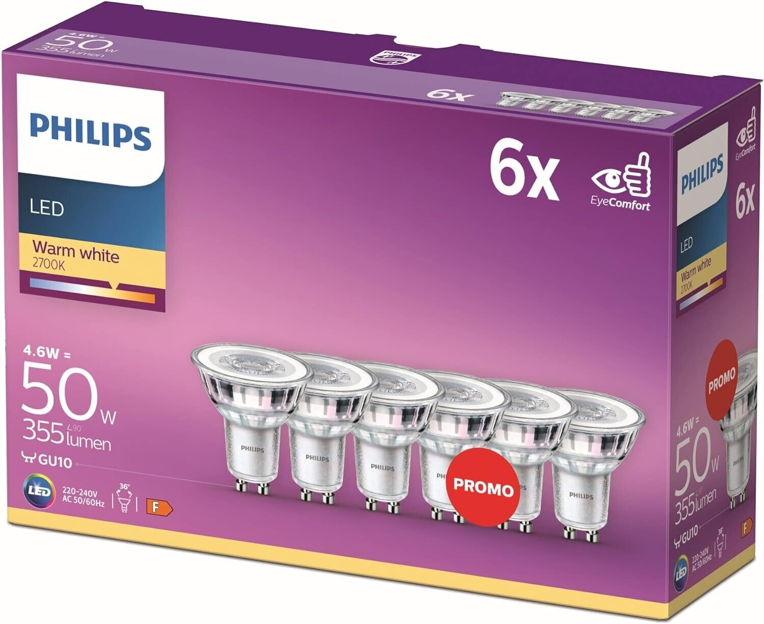 Philips LED Classic GU10 Lampe, 50 W, Reflektor, warmweiß, 1er  Pack - 6er Pack