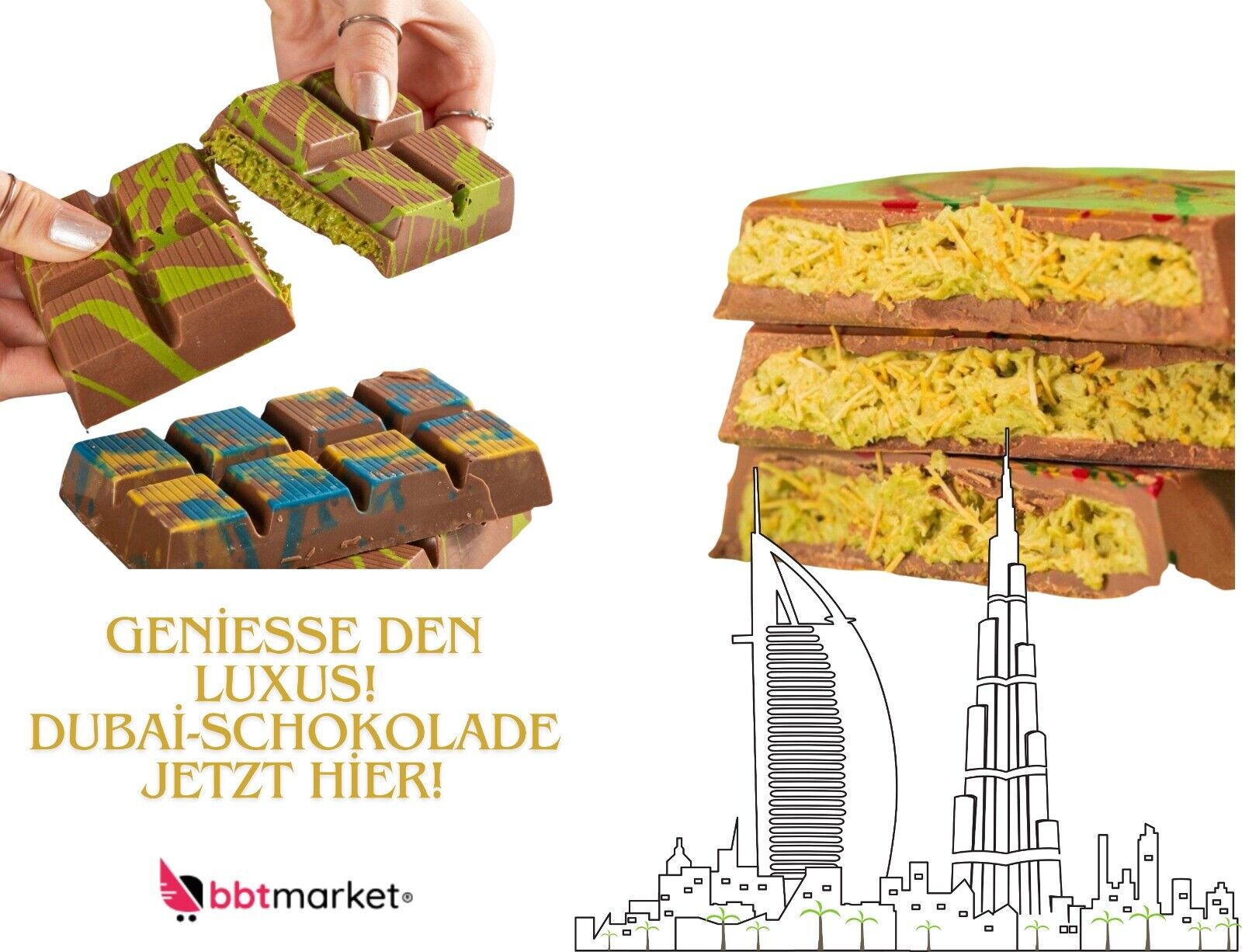 Merivalde Dubai Schokolade mit Pistaziencreme und Kunafa Tafel 200g Halal