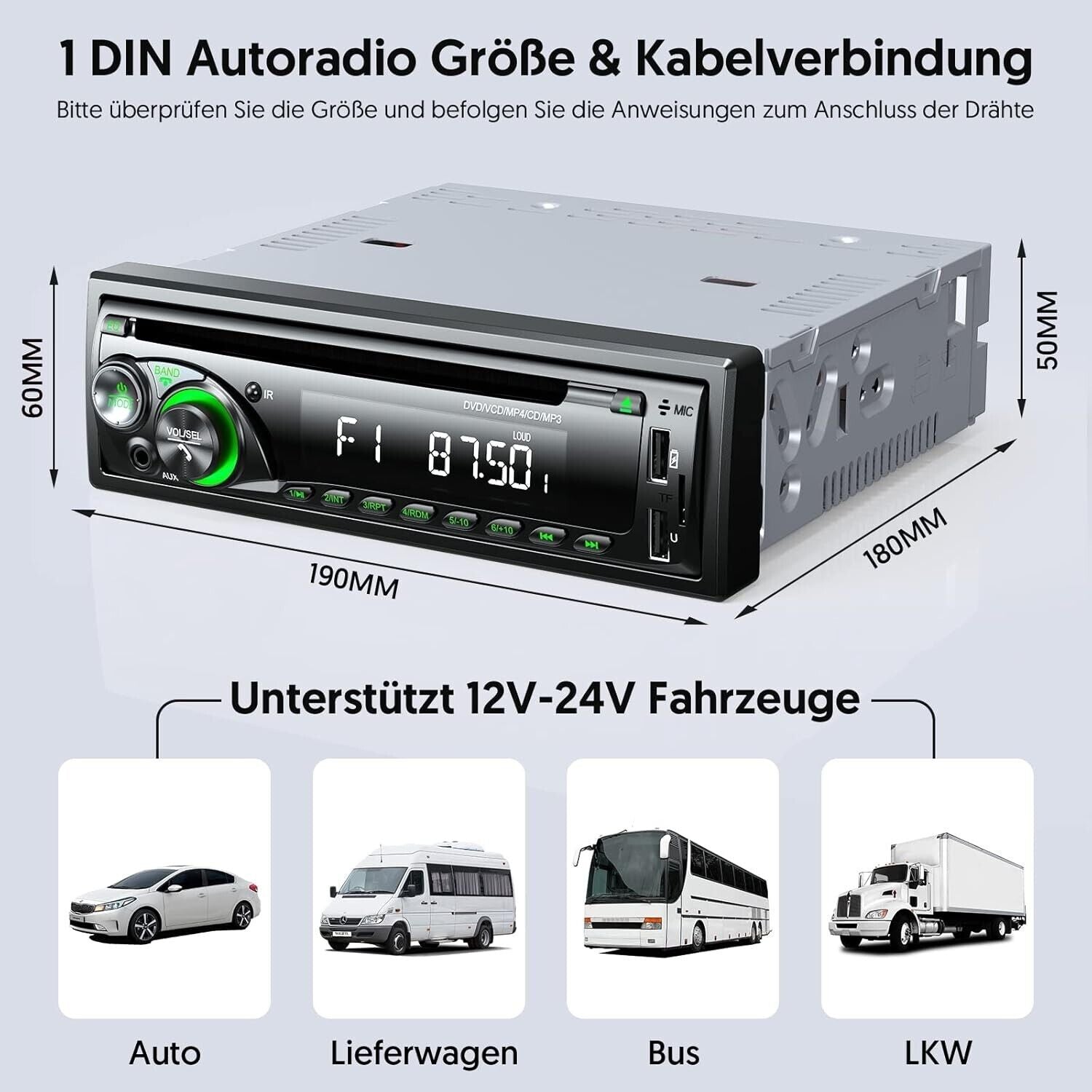 Autoradio mit CD DVD Player und Bluetooth Freisprecheinrichtung, 2 USB SD/AUX