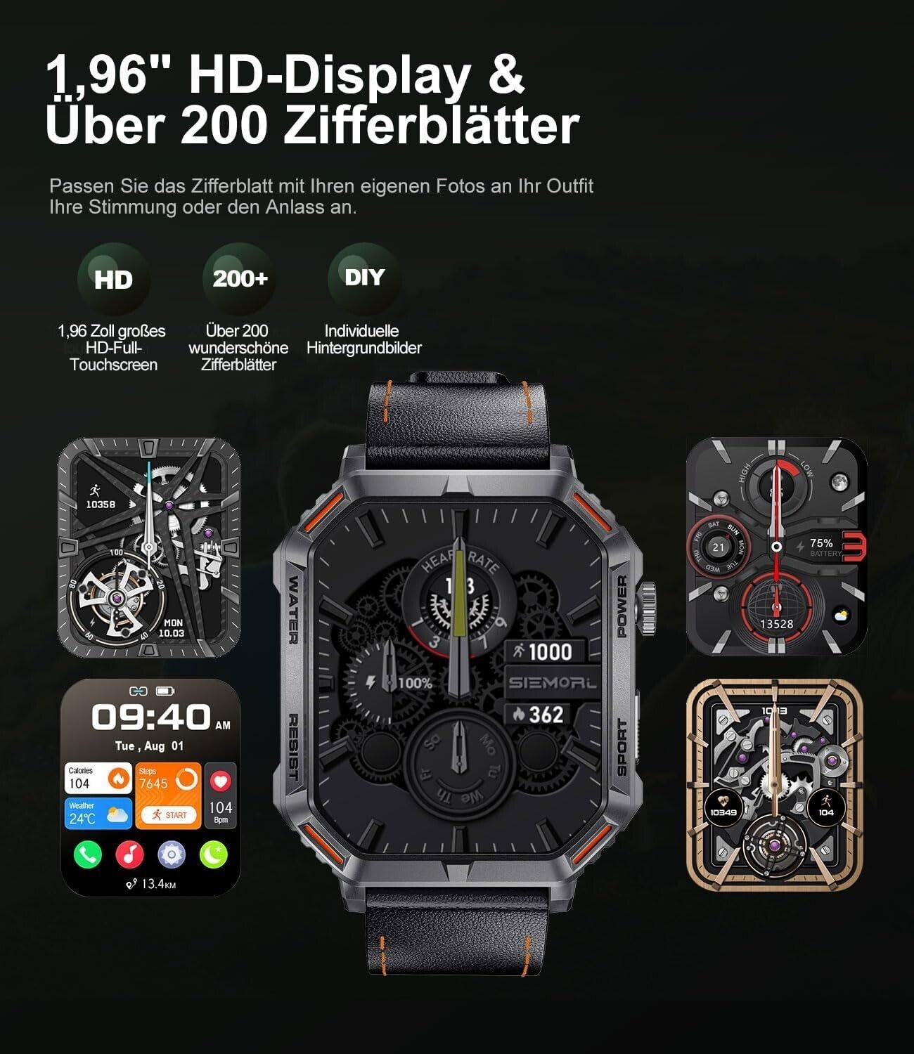 Smartwatch Herren mit Telefonfunktion,1.96'' DIY HD Outdoor Smartwatch Militär,120+ Sportmod IP68 Wasserdicht Fitnessuhr Herren mit Blutdruckmessung Android Ios,Leder