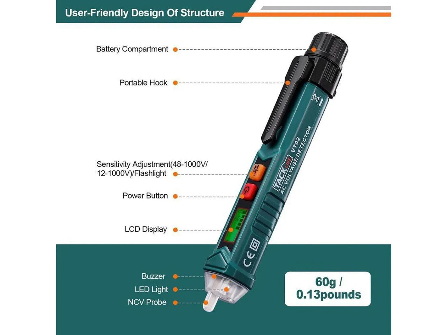 Berührungsloser Wechselspannungsprüfer / Spannungsprüfstift,TACKLIFE VT02