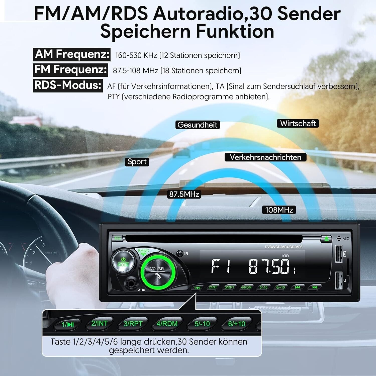 Autoradio mit CD DVD Player und Bluetooth Freisprecheinrichtung, 2 USB SD/AUX