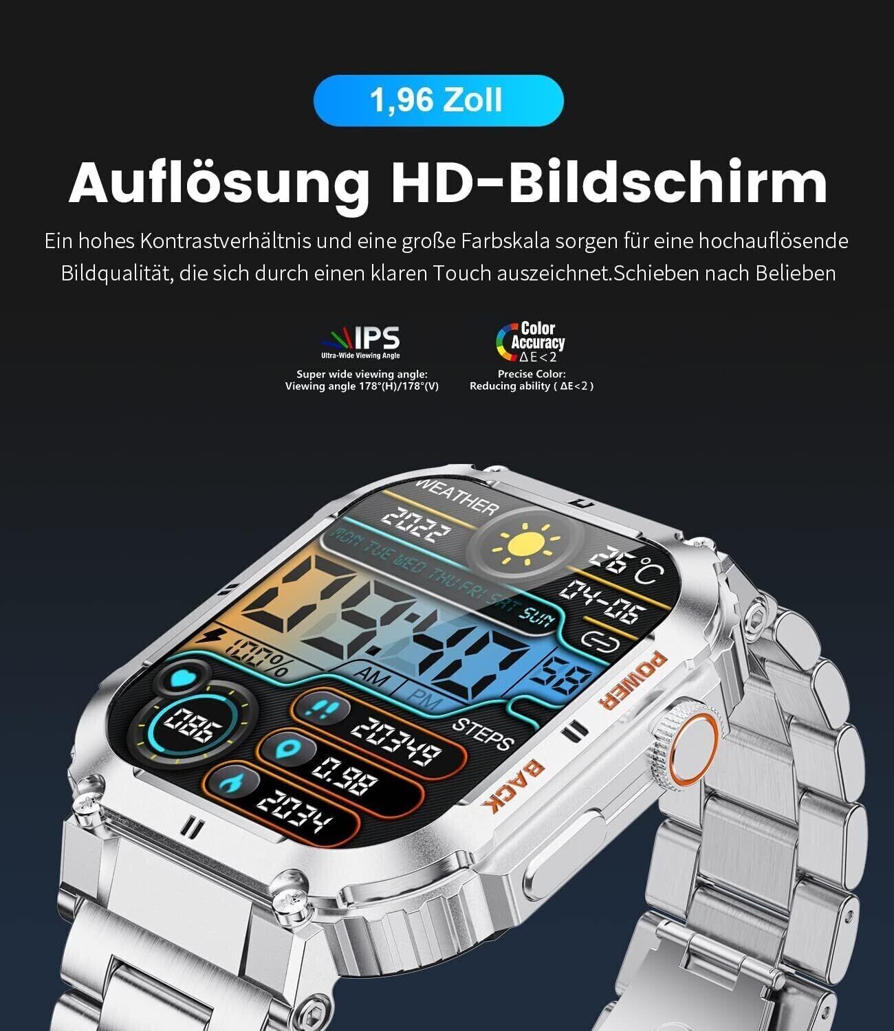 Smartwatch Herren mit Telefonfunktion, 1,96'' HD Touchscreen, 5ATM Wasserdicht