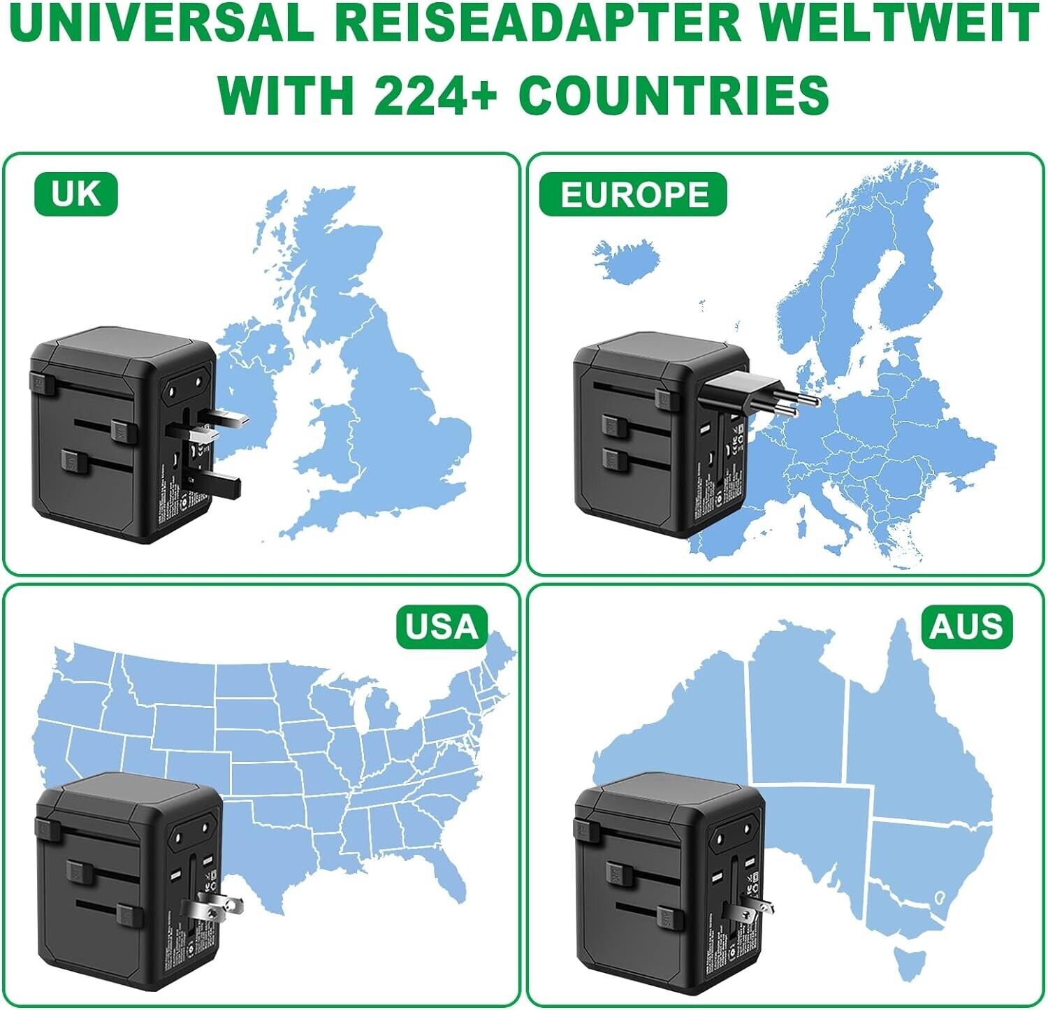 Universal Reiseadapter Weltweit 3USB A+1 Type-C Anschlüsse für 224+ Ländern Universal Reiseadapter für 150 Länder Welt Netzadapter Steckdose Weltweit Reise