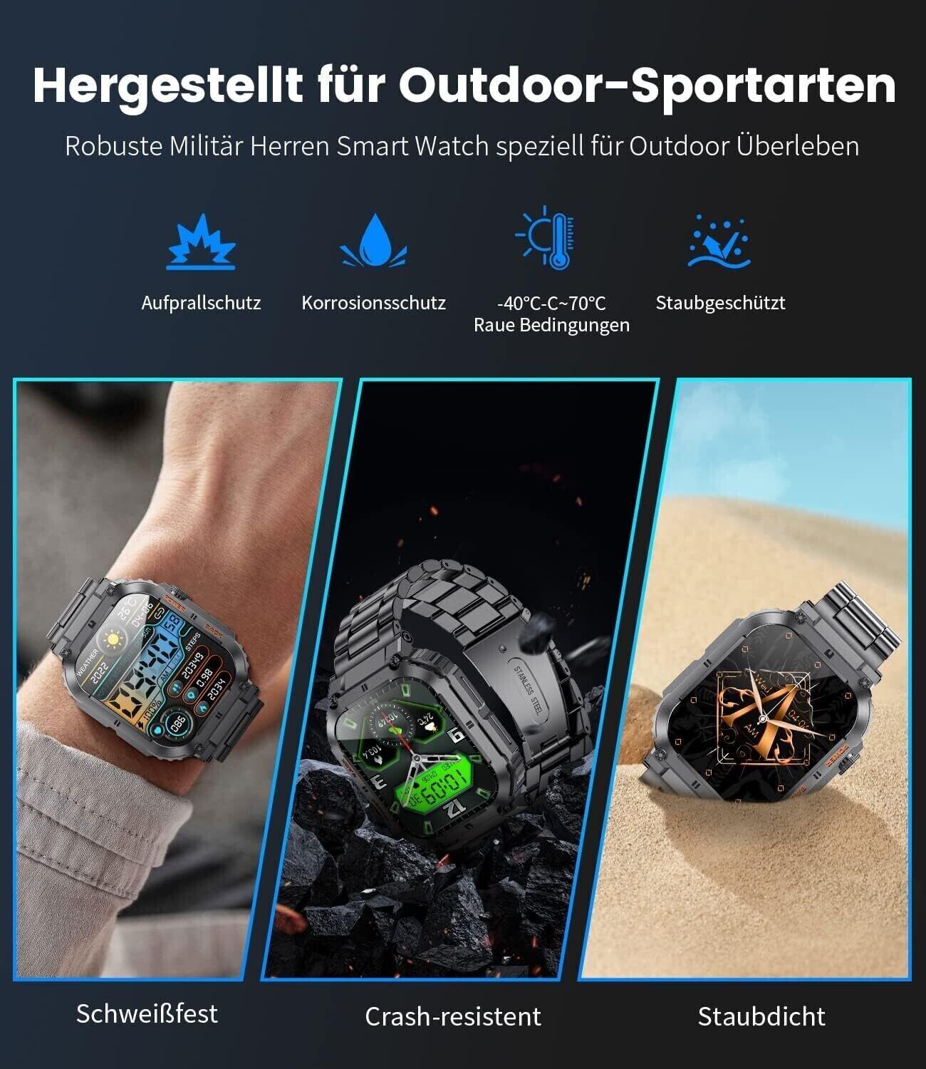 Smartwatch Herren Militärische mit Telefonfunktion,1.96'' HD Touchscreen,100+ Sp