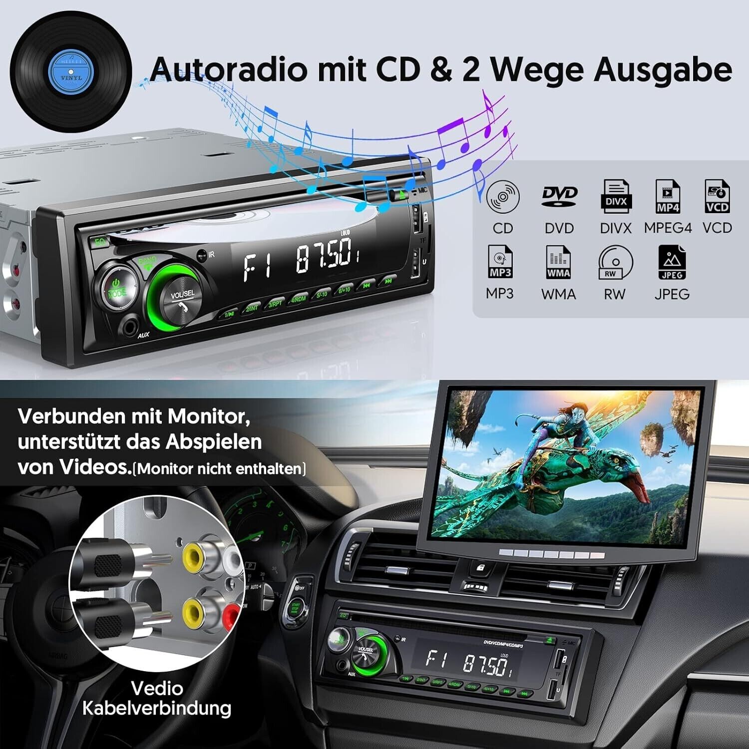 Autoradio mit CD DVD Player und Bluetooth Freisprecheinrichtung, 2 USB SD/AUX