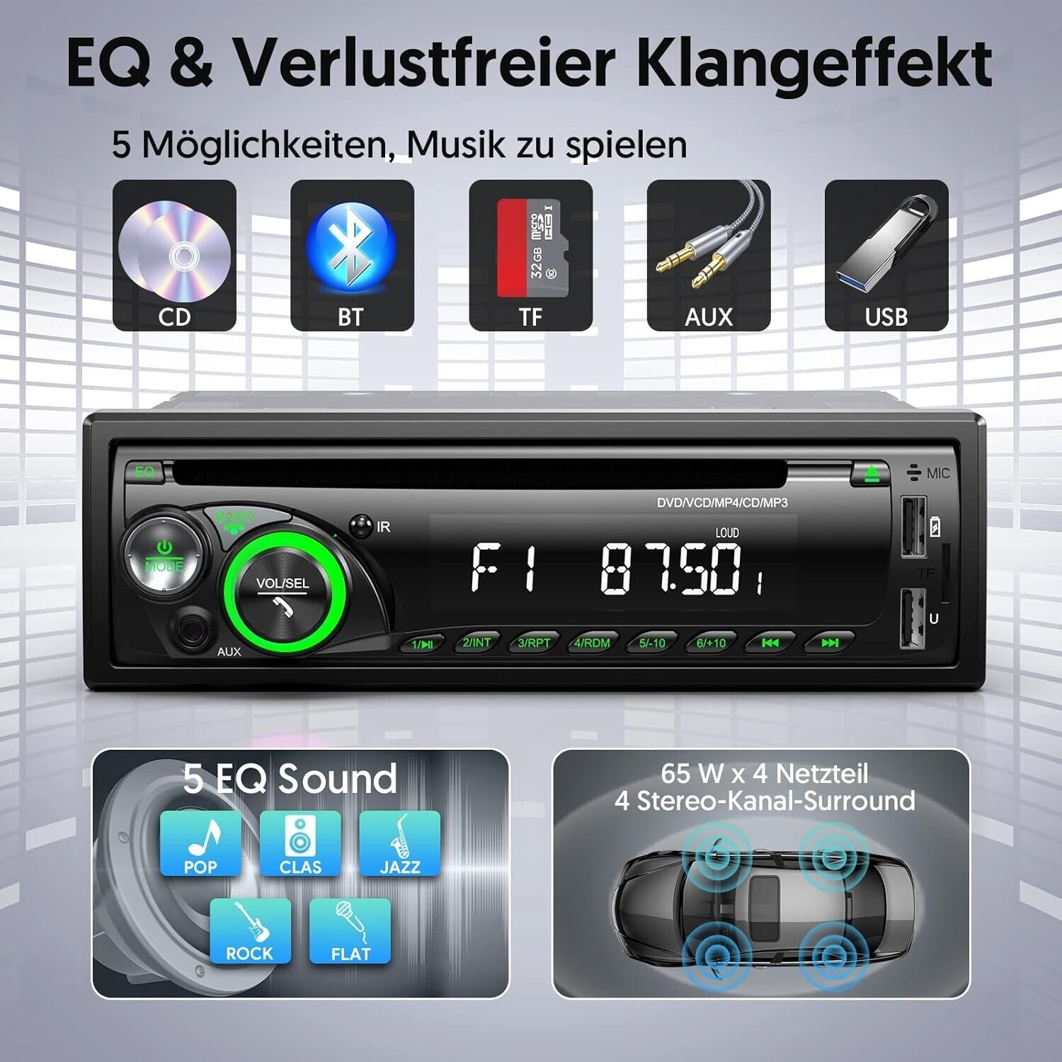 Autoradio mit CD DVD Player und Bluetooth Freisprecheinrichtung, 2 USB SD/AUX