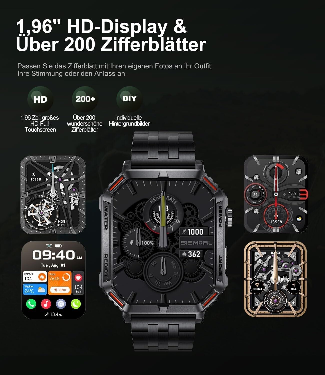 Smartwatch Herren mit Telefonfunktion,1.96'' DIY HD Outdoor Militär Fitnessuhr