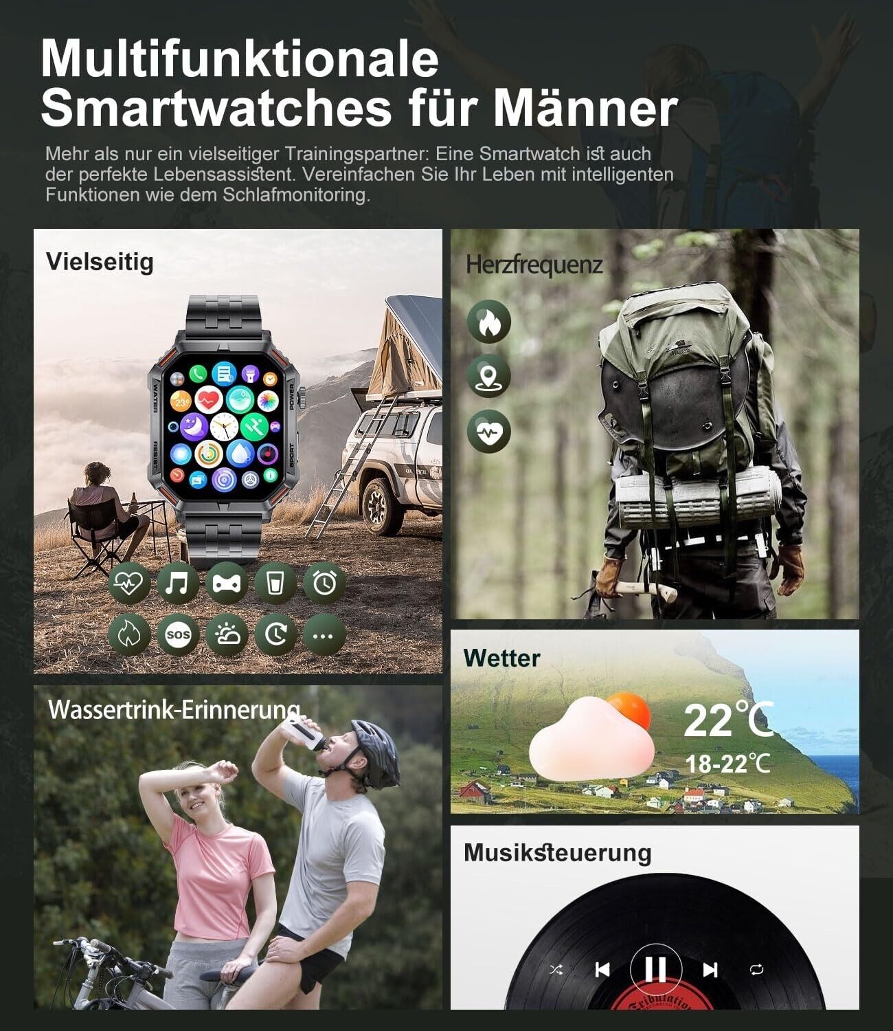 Smartwatch Herren mit Telefonfunktion,1.96'' DIY HD Outdoor Militär Fitnessuhr