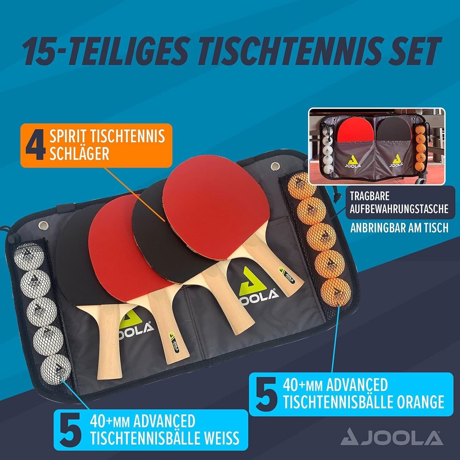 JOOLA Tischtennis Family Set 4 x Tischtennisschläger 10 x Bälle inkl. Tasche TT