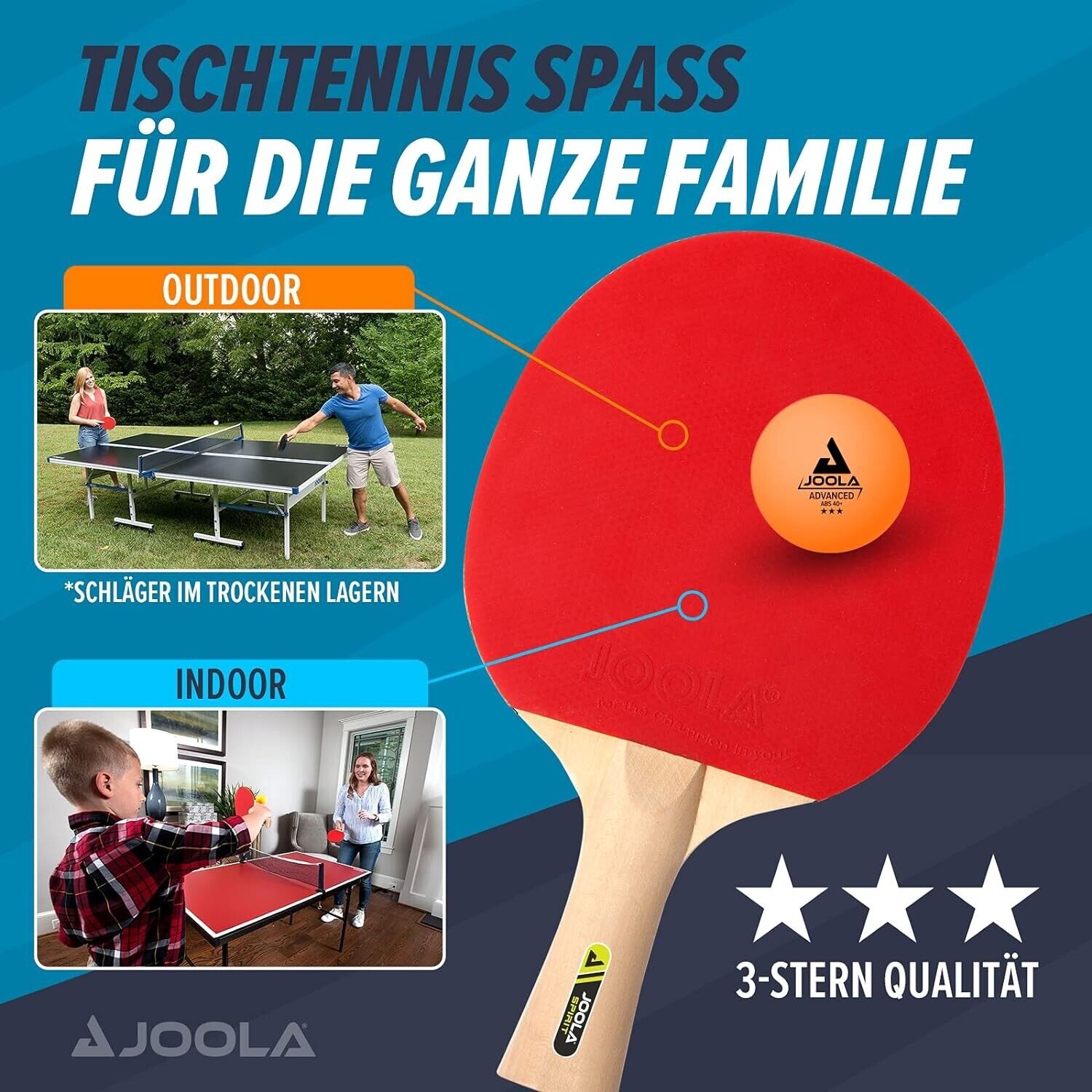 JOOLA Tischtennis Family Set 4 x Tischtennisschläger 10 x Bälle inkl. Tasche TT