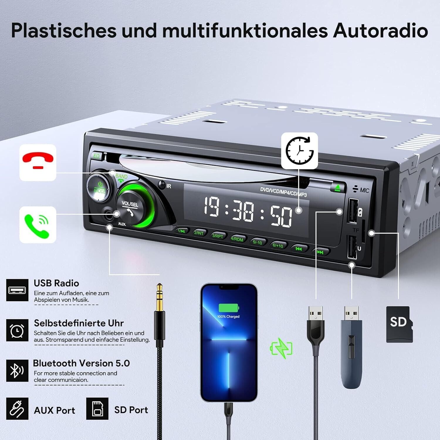 Autoradio mit CD DVD Player und Bluetooth Freisprecheinrichtung, 2 USB SD/AUX