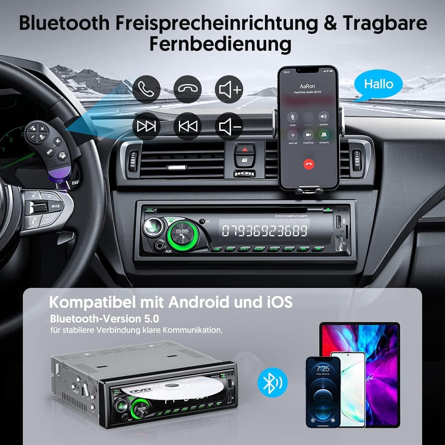 Autoradio mit CD DVD Player und Bluetooth Freisprecheinrichtung, 2 USB SD/AUX