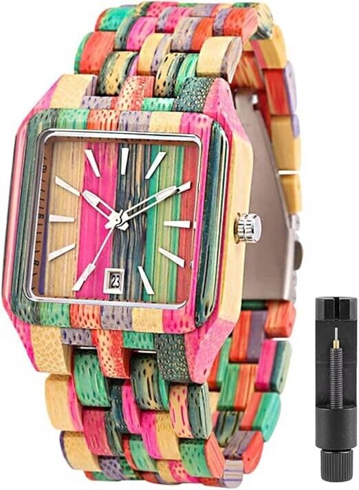 Herren Holzuhr  Handgefertigte Bunte Bambus Holzuhr Analoge Quarz Armbanduhr