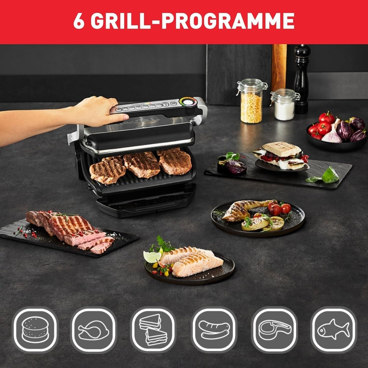 Tefal OptiGrill Kontaktgrill Elektrogrill Indoor-Grill 6 Grillprogramme GC705D16